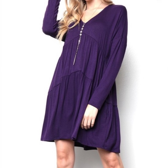 ✨Host Pick✨Plum Tiered V-Neck Shift Dress, M - Picture 4 of 11